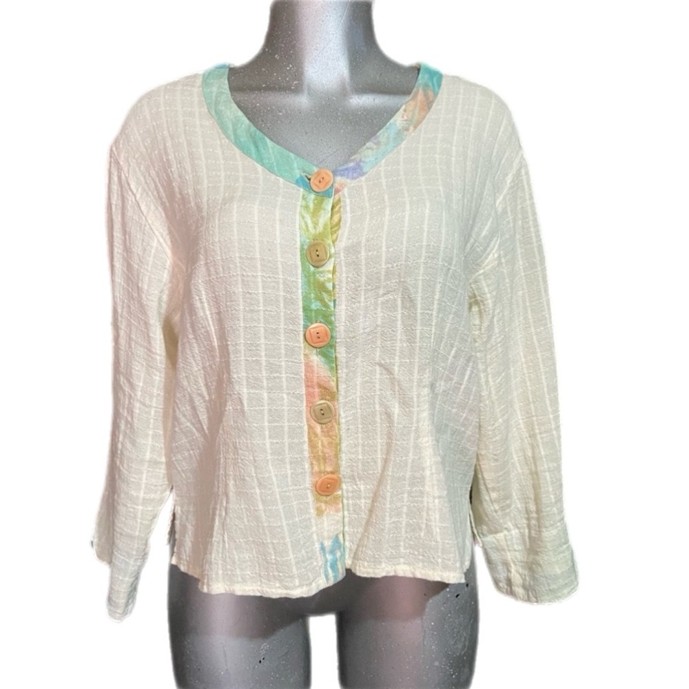 Winter Sun Boho Gauzy Button Up Top Medium Boxy Lagenlook Coastal Pastels Shabby